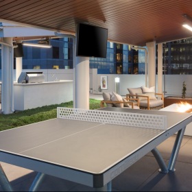 Everything within reach a ping pong table with a fire pit in the background