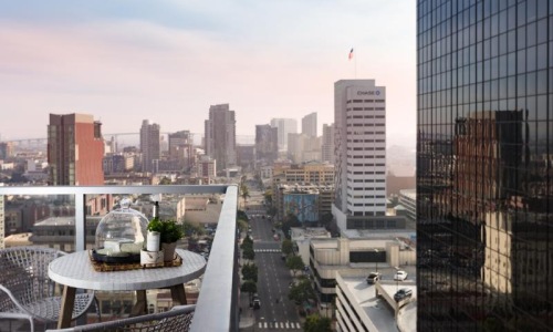 a city skyline with a fountain